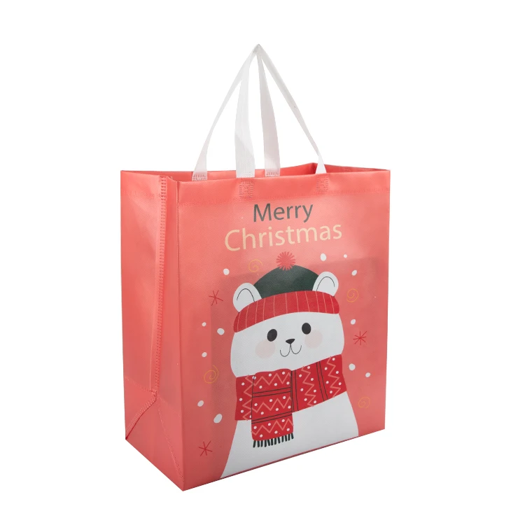 Custom Logo Cute Shopping Christmas Gift Packaging White Bear Reusable Waterproof Non-woven Poly Tote Bag