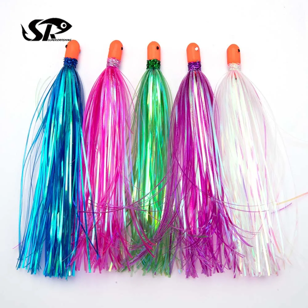 SUPERIORFISHING Mylar Flash Teaser Tail Jig Head Bait With Lead Head Fishing Flash Skirts Hair Baits Big Game Fishing Lure