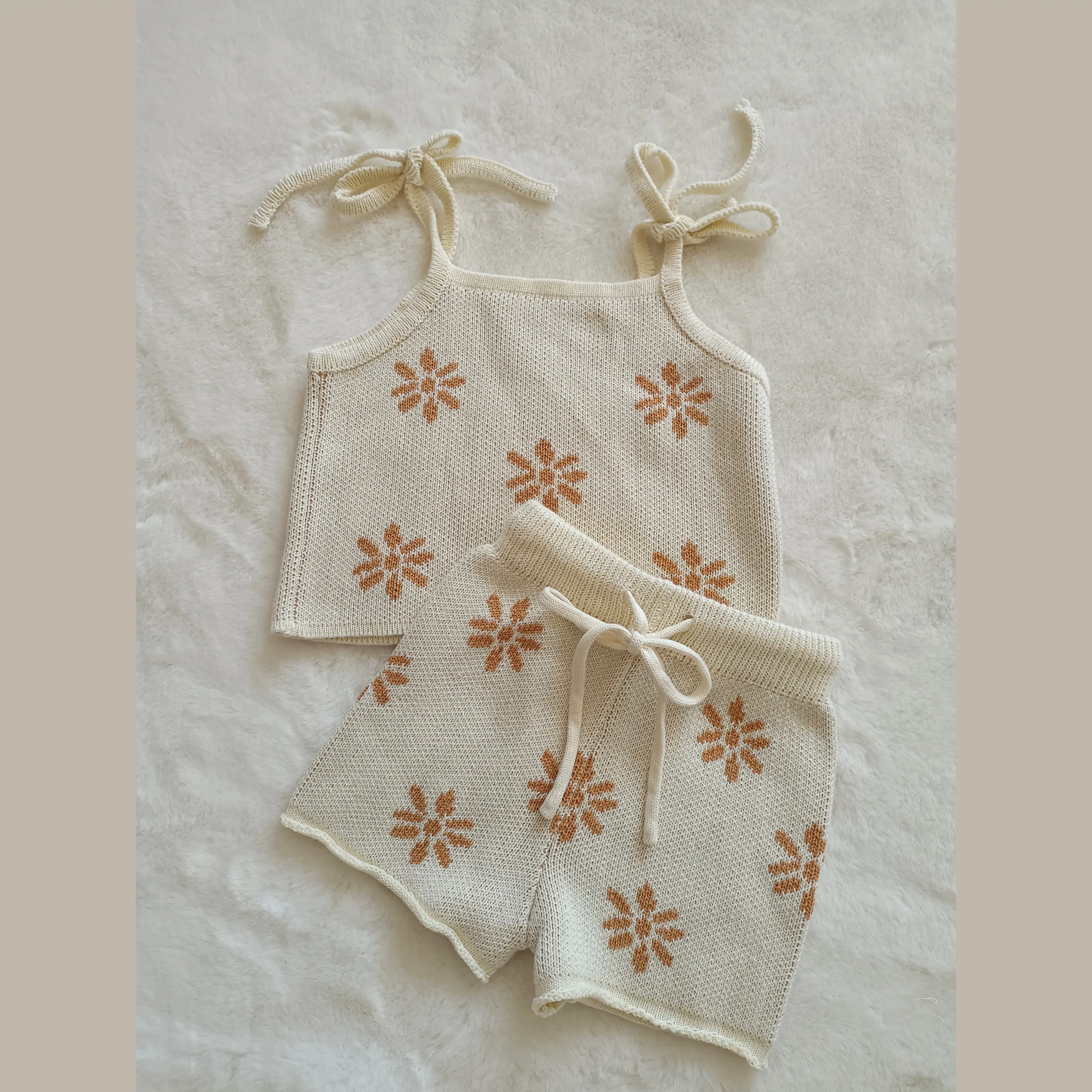 Summer kids Knit Suits Purple Sunset Flower Sleeveless Shirt Strap Knit Sets