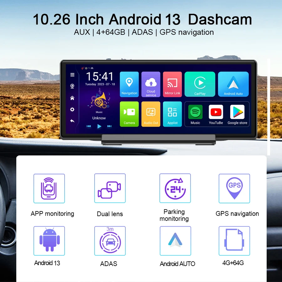 10.26 inch Car Black Box Android 13 4G ADAS Dual lens Dash Camera 1080P Recorder With Wifi GPS Navigation Dash Cam 4+64GB