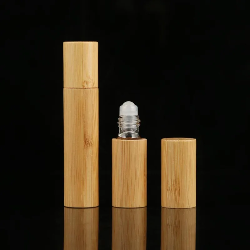 Essential Oil Roll On Bottles Bamboo Cover Glass Steel 5ml Essential Oil Roller Glass Bottle