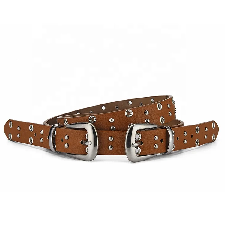 Factory OEM Double Grommet PU Leather Punk Rock Jeans Metal Men Belt Brown Fashion Belts for Ladies Leather Belt Women