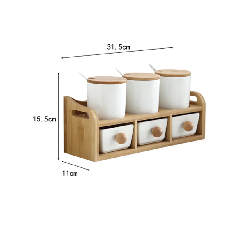 2 Tier Ceramic Cheap Spice Jar Set Seasoning Box Kitchen Salt Sugar Container with Bamboo Stand Rack