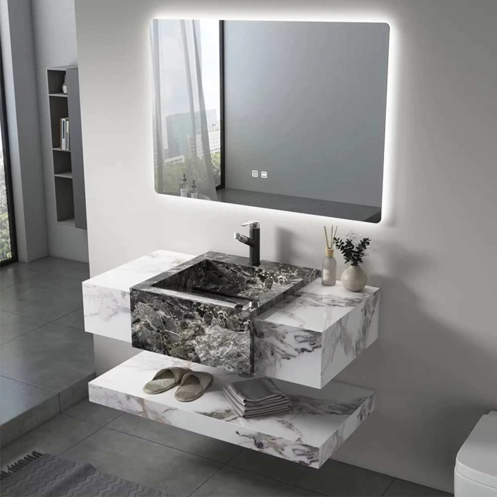 Customized wall mount solid surface sintered stone basin marble sink vanity slate basin cabinet with mirror