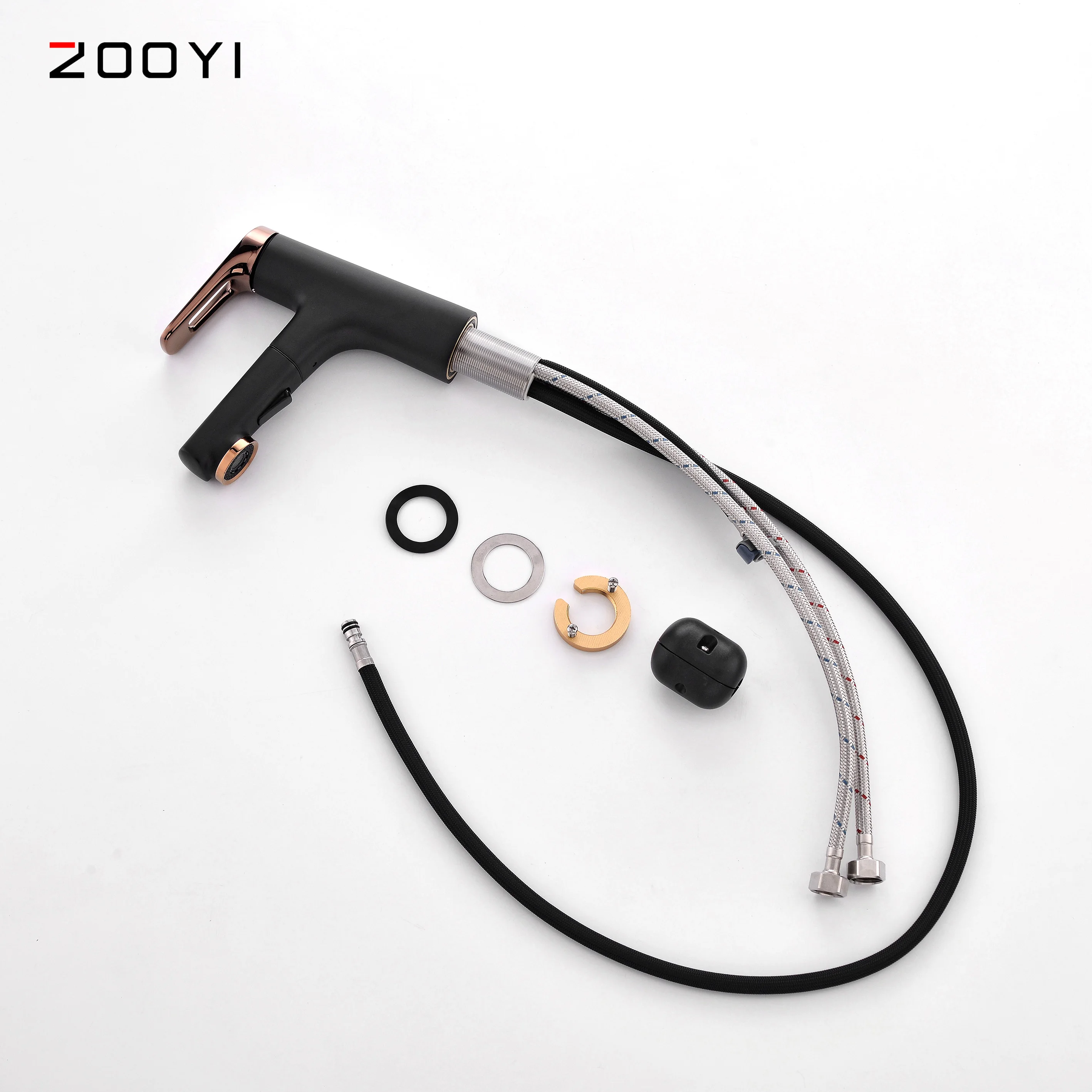 ZOOYI Factory supplier Contemporary Black Brushed Gold  Chrome pull-out  basin faucet