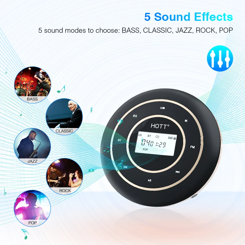Портативный CD-плеер для автомобиля с BT и FM-передатчиком, компактный перезаряжаемый проигрыватель компакт-дисков с сенсорной кнопкой и дисплеем с подсветкой
