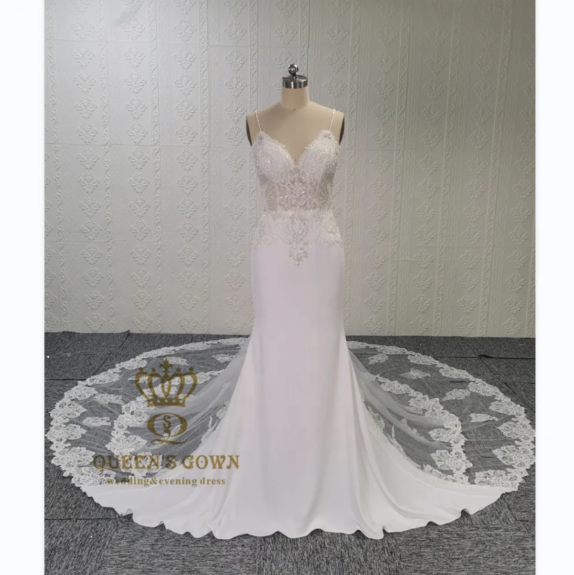 QUEENS GOWN Mermaid/Trumpet lace long train deep v neck spaghetti straps sexy crepe fabric bridal  wedding dresses