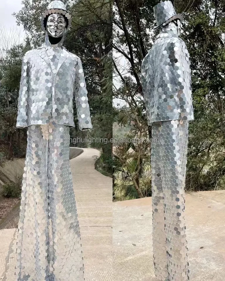 Mirror Man Cloth Hand Screw Silver Stilts Walker Show silver Suit Stage Dress Performance Costume Glass Cosplay Clothing