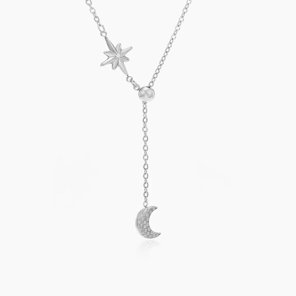 14K Gold PVD Plating Stainless Steel Fashion Elegant Design Star And Moon Pendant Necklace Women Jewelry