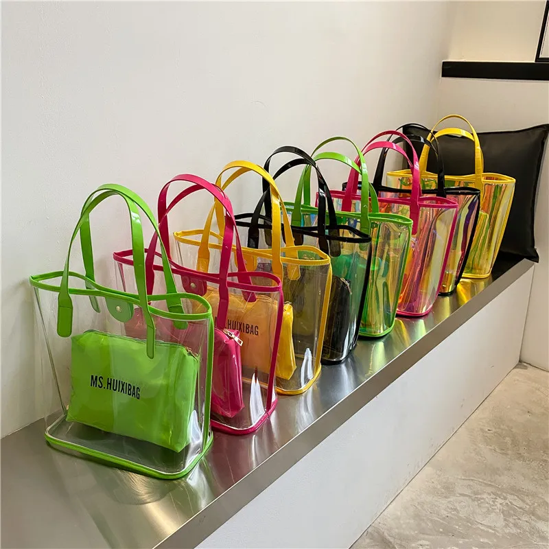 2Pcs in 1 Set Elegant Custom Ladies Shoulder Tote Bag Transparent Beach Holographic PVC Women Jelly Handbag With Small Purse