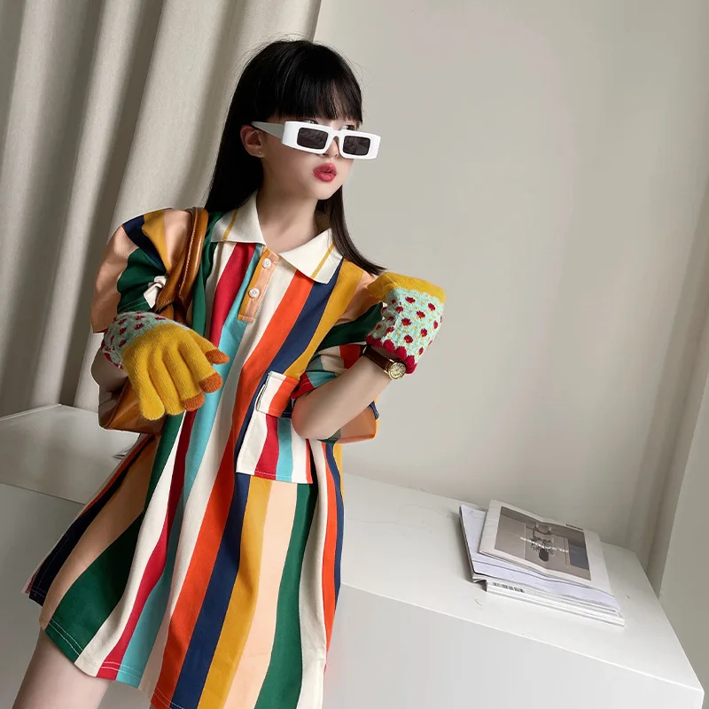 2022 New Fashion Children Girl Colorful Striped Sport Casual Dress 5-15 Years