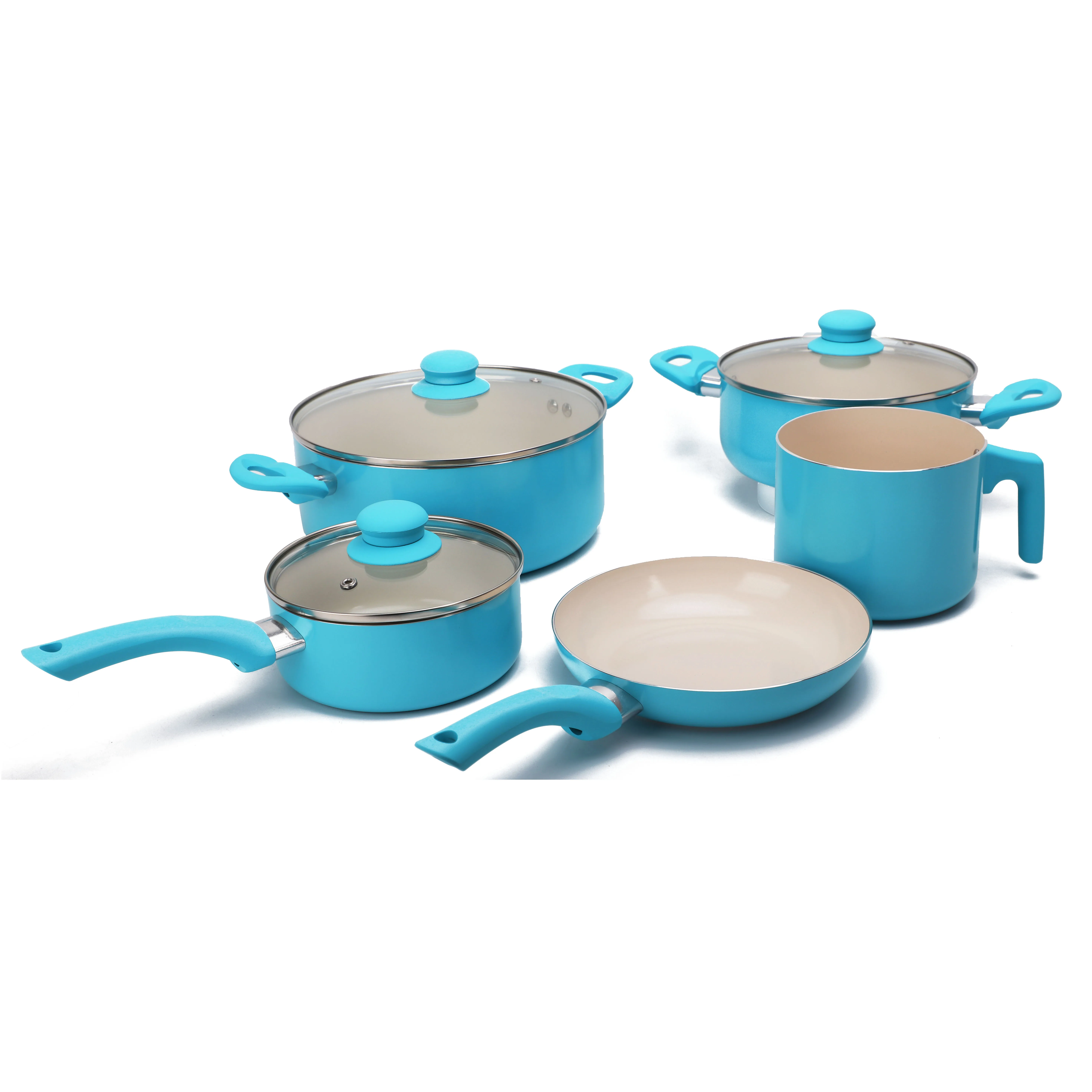Factory Direct Healthy Life Aluminum Non Stick Cookware Sets Blue White Ceramic Cooking Pot and Pan