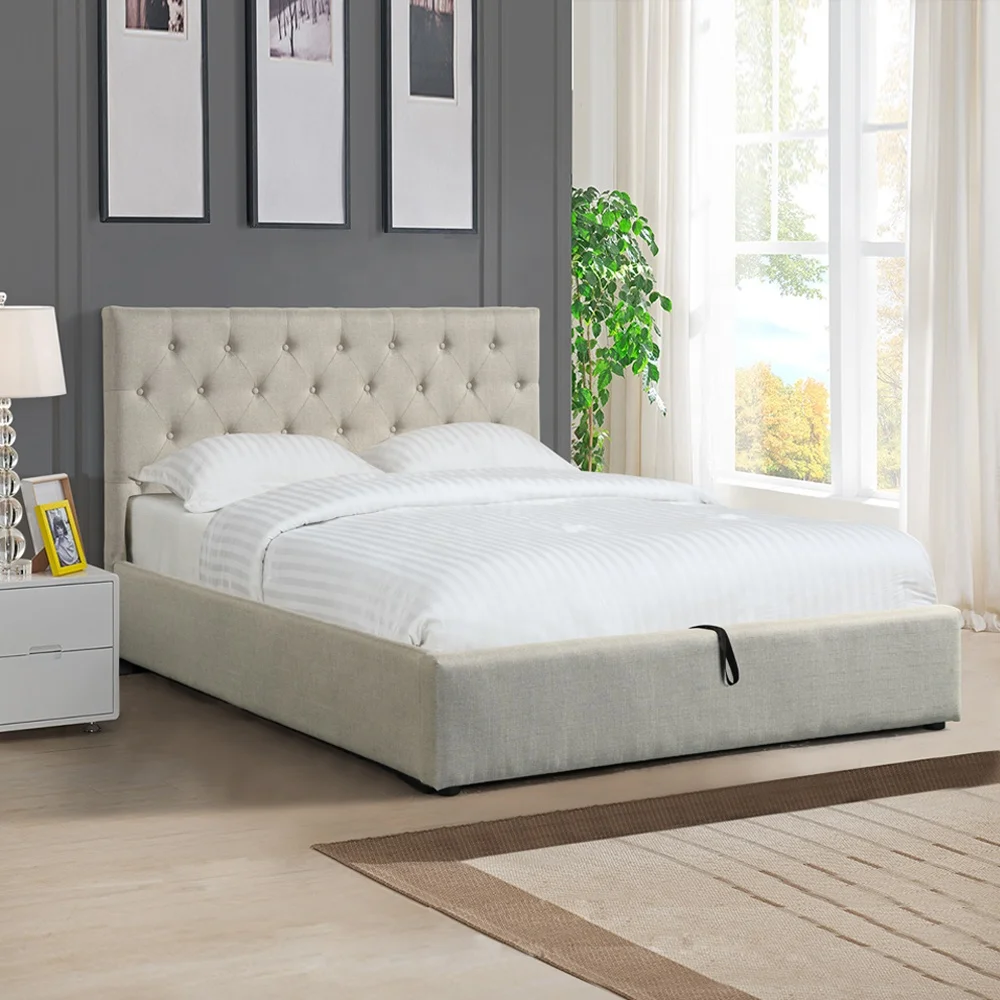 Easy Assembly high headboard semi full double queen king size fabric upholstered wooden ottoman bed frame with gas lift