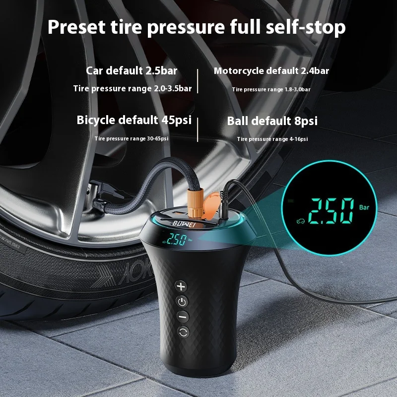 Buwei All-In-One Portable Steel Car Air Pump Wireless High Pressure Hidden Cup Holder Mobile Phone Fast Charging Also Bicycle