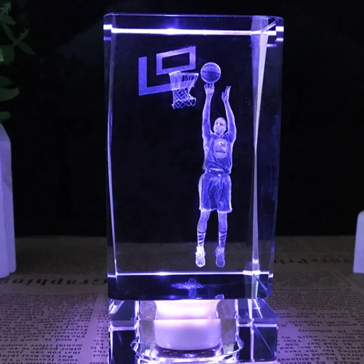 Wholesale Basketball Award Souvenirs 3d Laser Engraved Crystal Glass Cube With Led Light Base