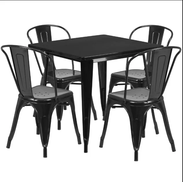 Commercial Metal Black Industrial Restaurant Dining Table and Chair Sets