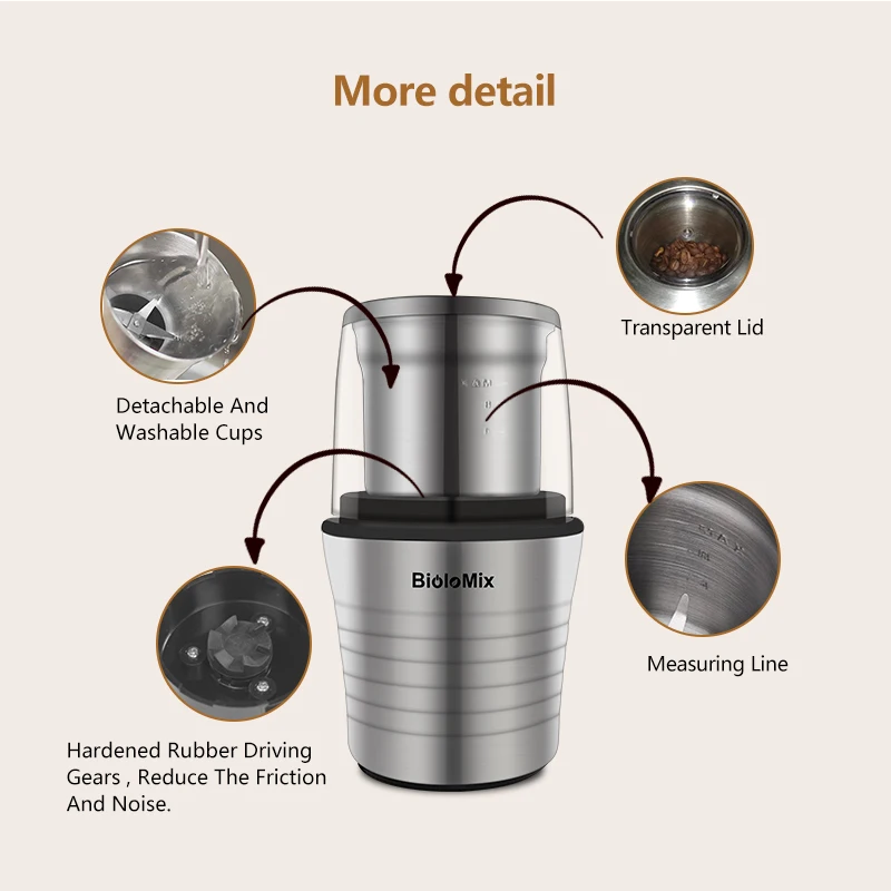 BioloMix 2-in-1 Wet and Dry Double Cups 300W Electric Spices and Coffee Bean Grinder Stainless Steel Body and Miller Blades Bio