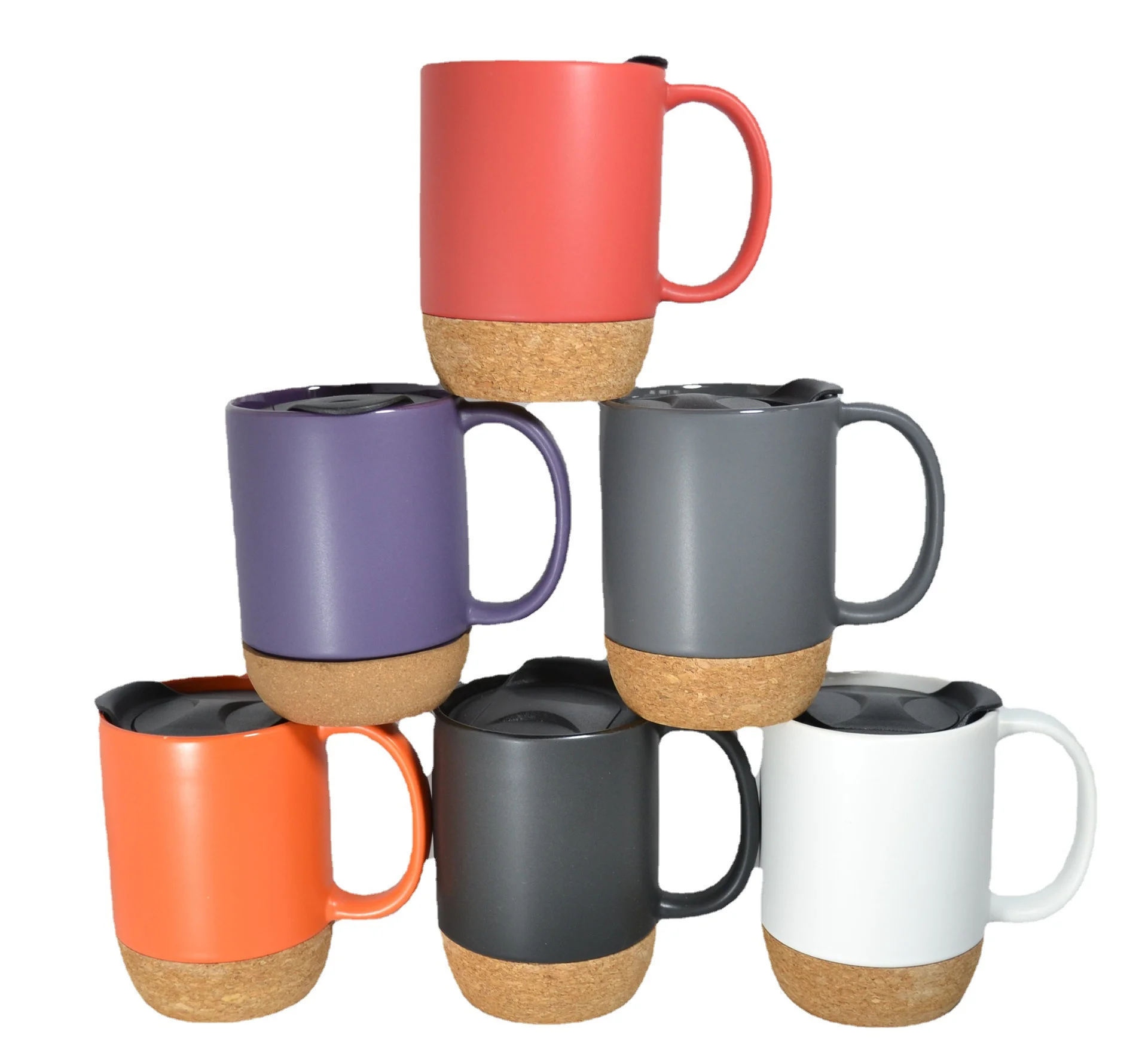 Custom Logo Cork Mug Matte black white ceramic cork Base coffee mugs With Wooden Cork Bottom and Plastic Lid
