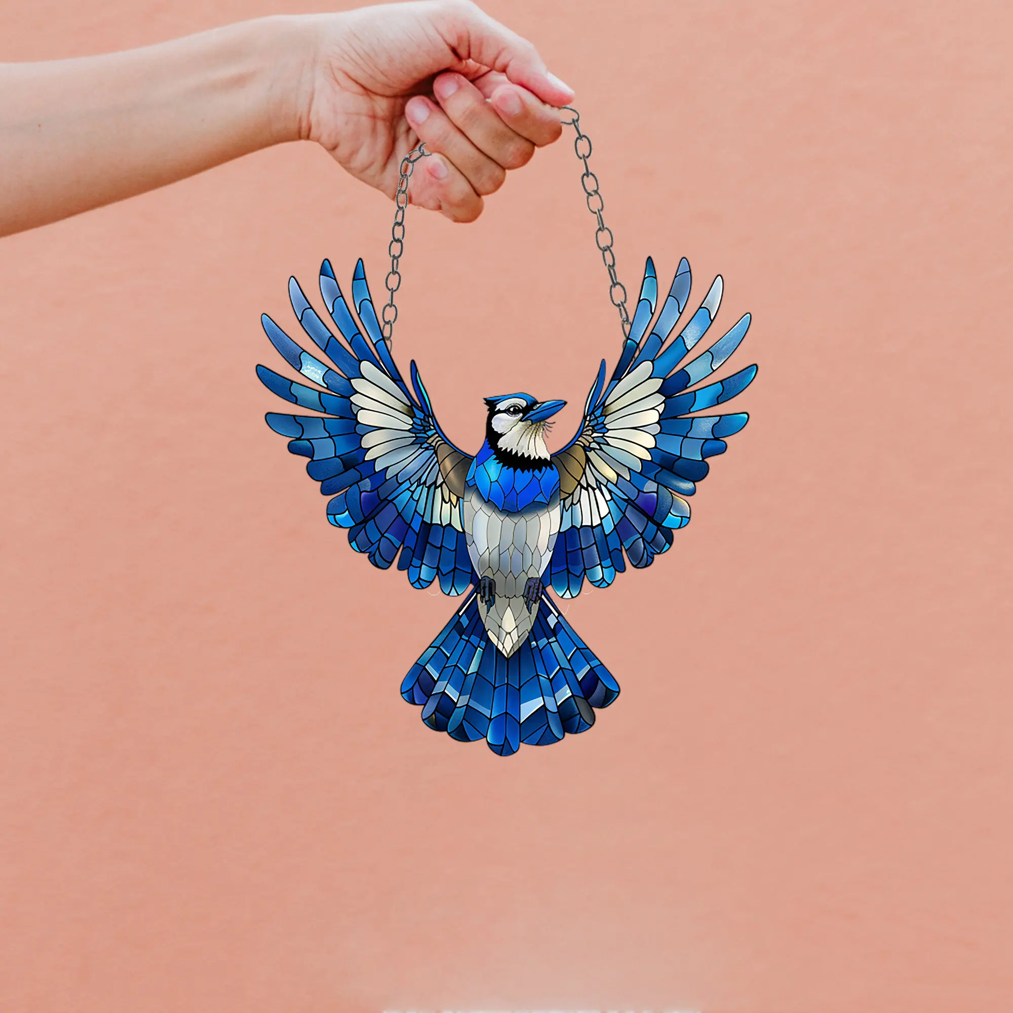 Acrylic Blue Jay with peony flowers window hangings Nature lover home decor Housewarming gift Bird Ornaments