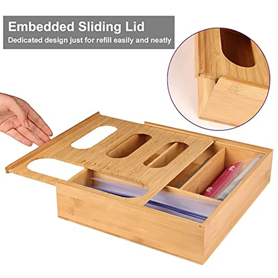 Natural kitchen wholesale bamboo ziplock bag organizer ziplock bag storage box