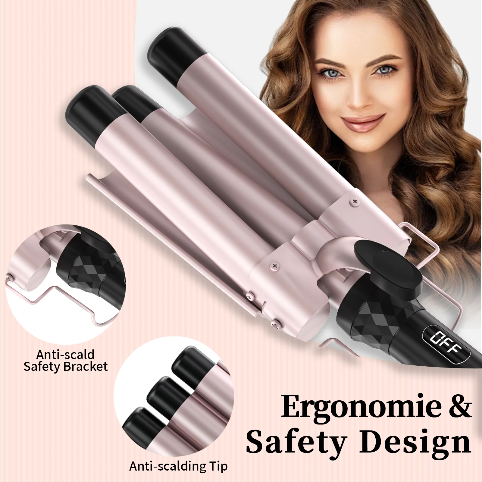 Top Selling LCD Temp Display Hair Crimper 3 Barrel Curling Iron Wand Dual Voltage Cordless Hair Curler For Home Use