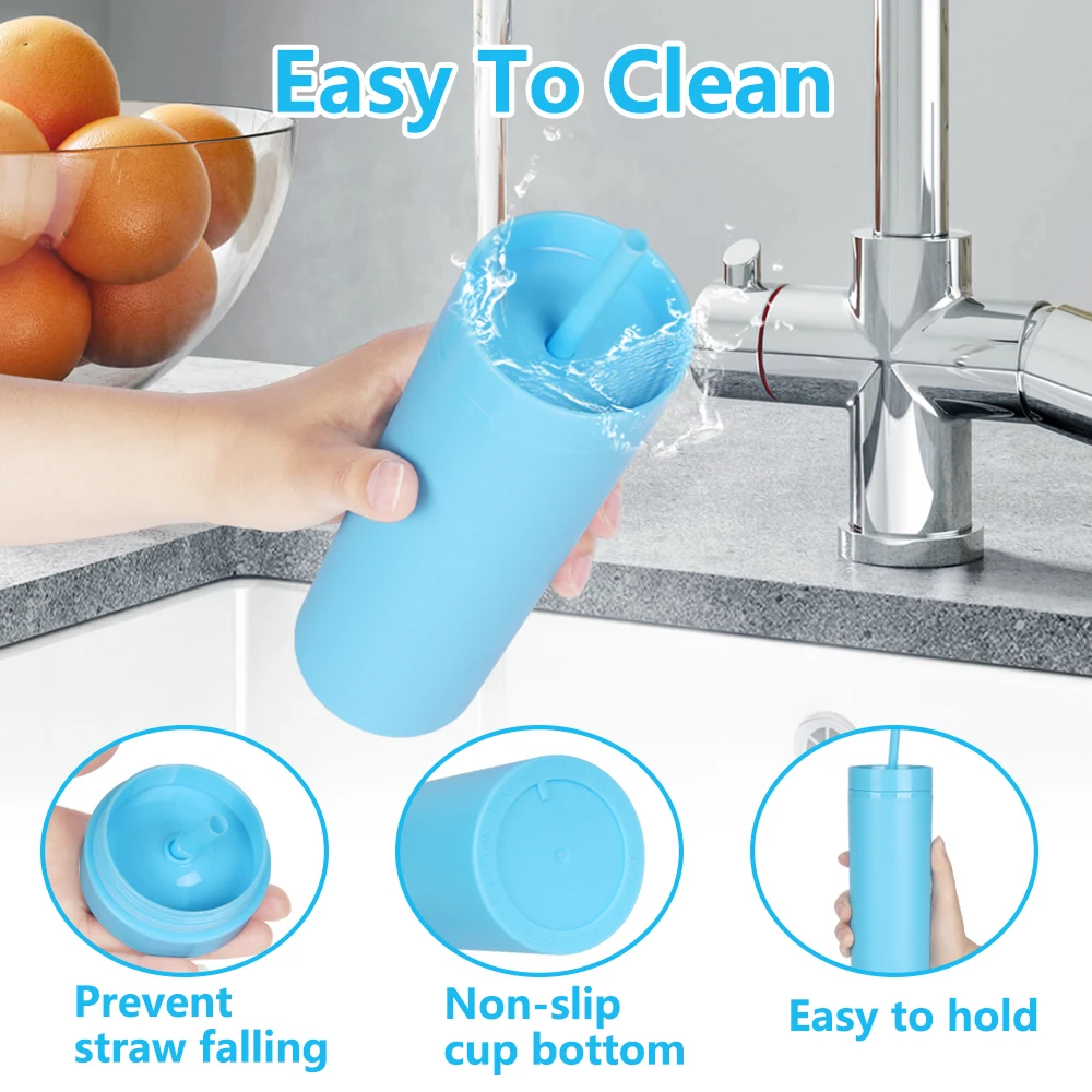 B14-1139 16oz Plastic Skinny Tumbler Cups with Various Colors Stocked BPA Free 16 oz Plastic Water Cup with lid and Straw