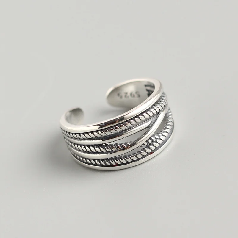 KRJ024 S925 Sterling Silver Luan Hemp Wrapped Ring   Personalized Multi layered Vintage Ring Silver Ornament Opening Ring
