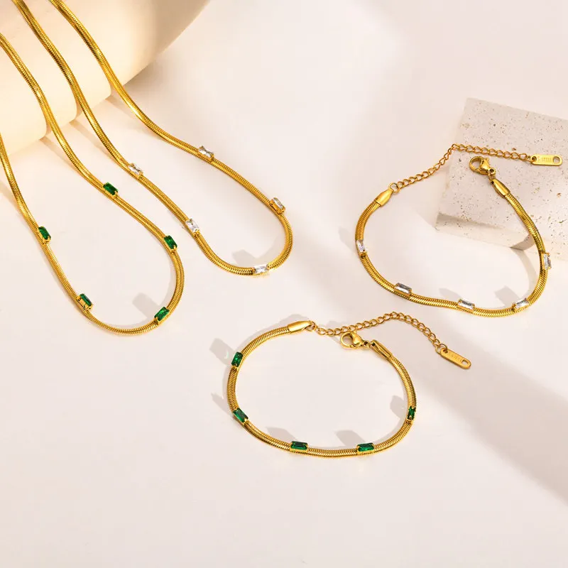 Fine Jewelry Sets Stainless Steel Flat Snake Chain 18k Gold Plated Bracelets Green Stone White Zircon Necklaces Hoops Earrings