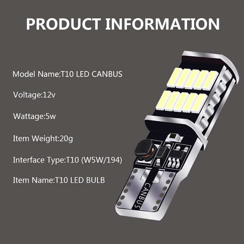 W5W T10 Led Bulbs Canbus 4014 26SMD  Led 5w5 Car Interior Dome Reading License Plate Light Signal Lamp