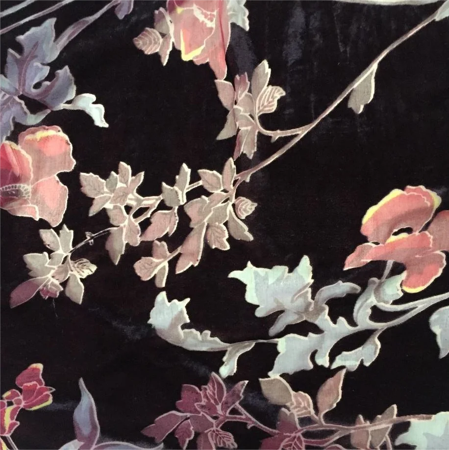 Hejin Manufacturer Custom High Quality Black Flower Stretch Printed Comfortable Woven Nylon Burnout Velvet Fabric for Clothing