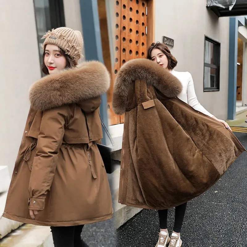 2024 New Winter Jacket Women Parka Fashion Long Coat Wool Liner Hooded Parkas Slim With Fur Collar Warm Snow Wear Padded Clothes