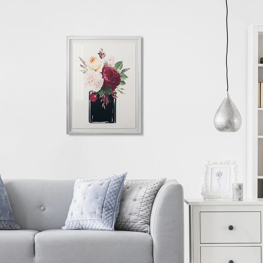 Flower in vase painting frame picture frames  digital printing floating paper glass wall art decor home