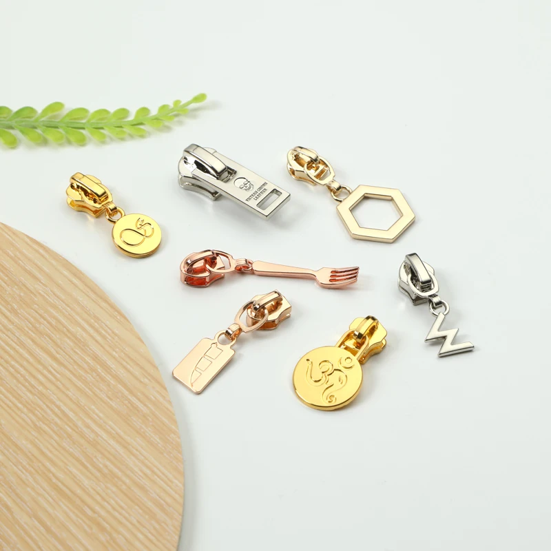 Custom letters logo Auto lock zipper puller engraved logo metal replacement zip fastener puller