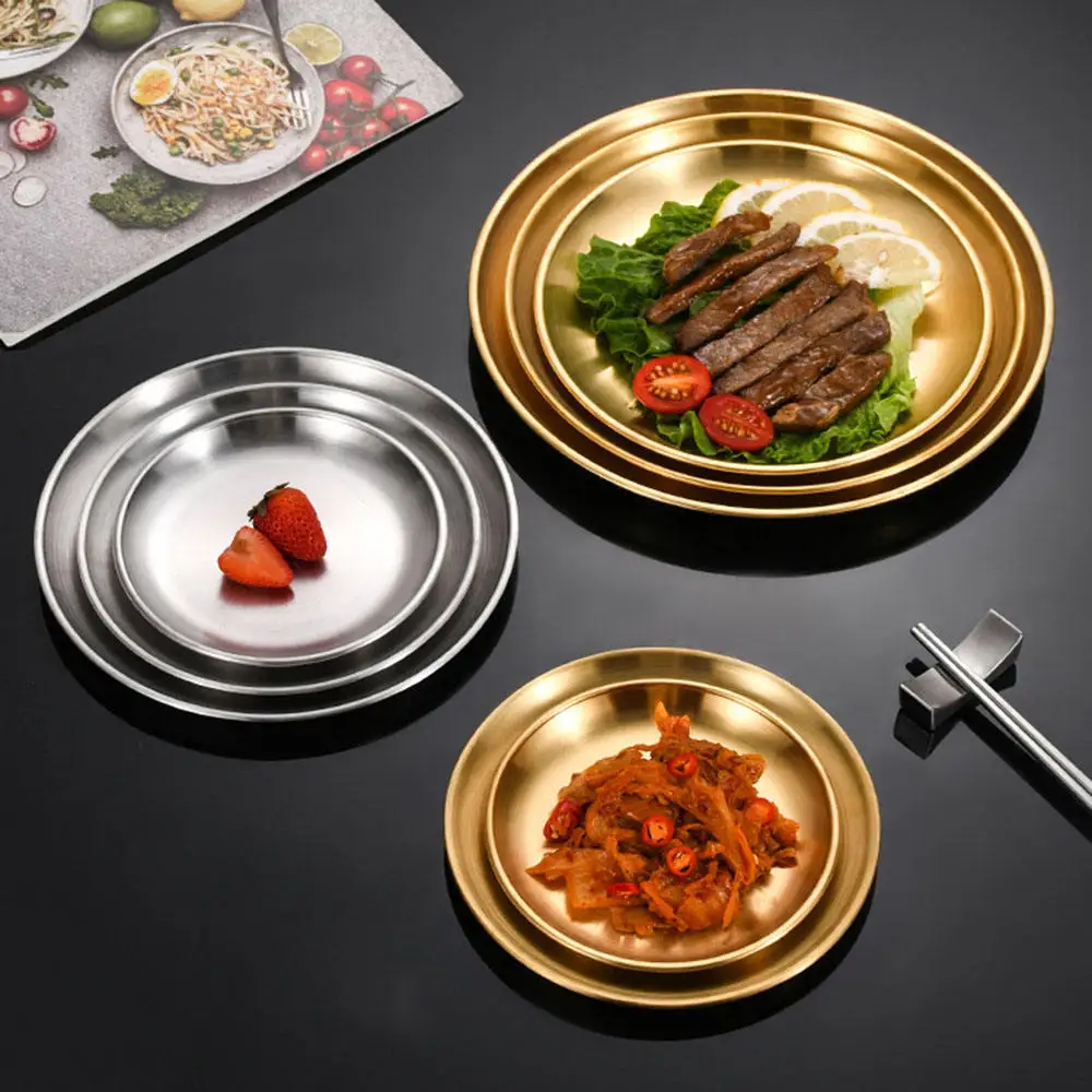 304 Stainless Steel Dishes Adult Reusable Camping Plates Dishwasher Safe Feeding Serving Flat Round Dessert Plate Camping BBQ
