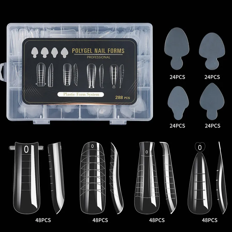 New Hot Selling Soft Silicone Nail Mold Tips 288Pcs/Box Crystal Nail Form Fast Building Gel Extension for DIY Nails Art