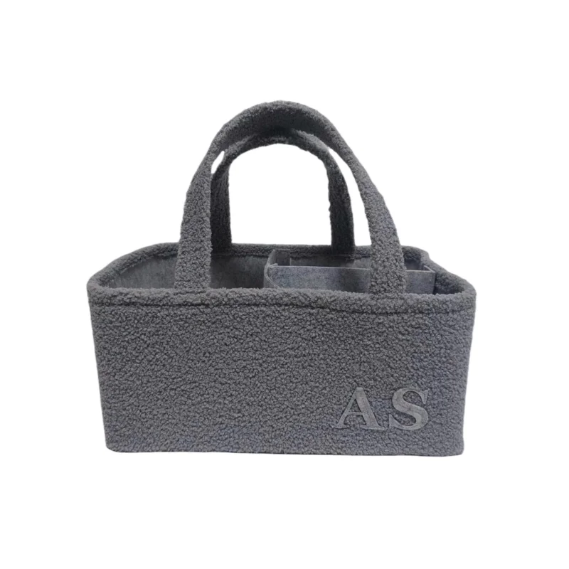 Felt Baby Diaper Caddy Organizer Nursery Storage Basket Baby Caddy Organizer with Handle Grey Teddy Sherpa