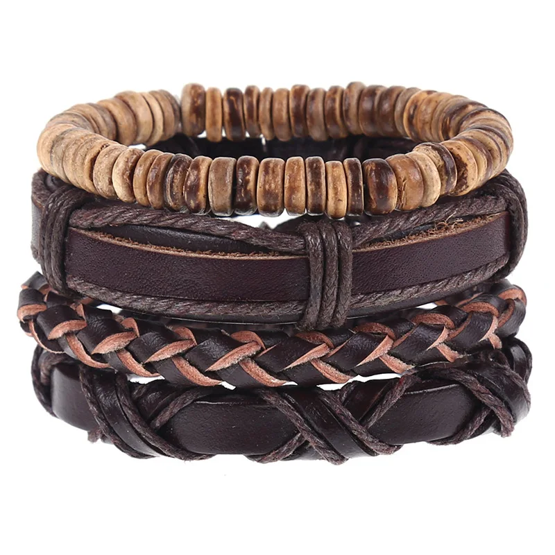 4pcs/Set Punk Coconut Beads MultiLayer Leather Wristband Bracelet Braided Adjustable Men Jewelry DIY