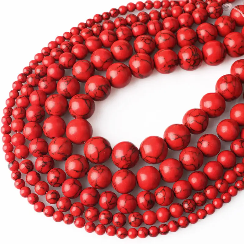 High Quality Round Blue Turquoise Beads Strand 6/8/10mm Red Turquoise Howlite Gemstone Strands Beads  for Jewelry Making