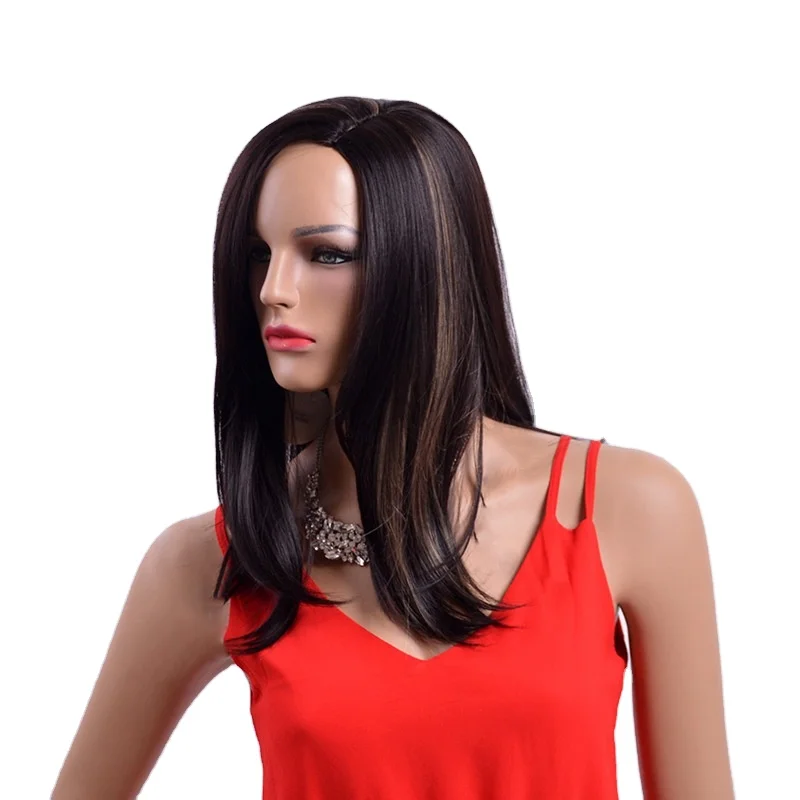 
Wholesale long straight dark brown hair synthetic wigs and mixed light brown naturl wave hair for women 