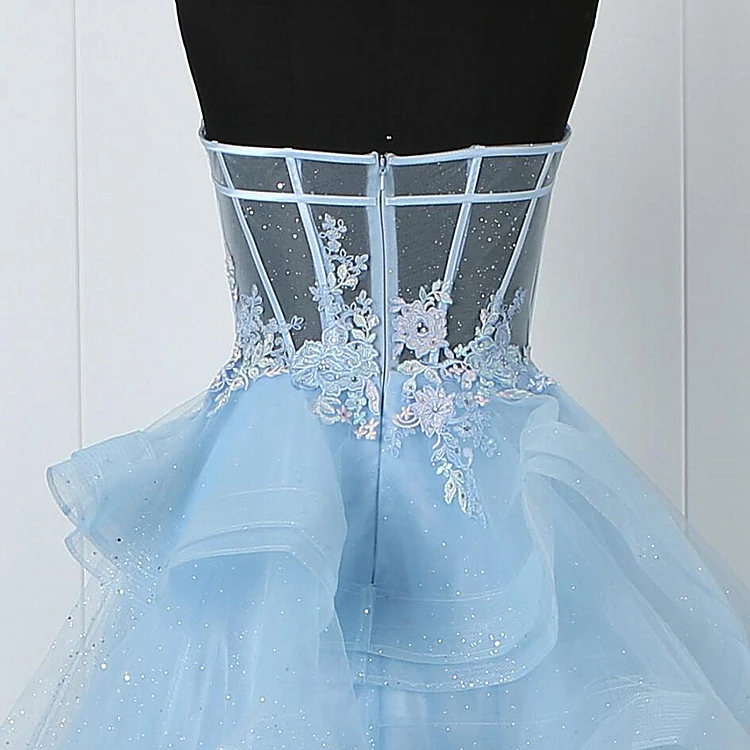 Реальное изображение Тюлевое многослойное бальное платье quinceanera кружевное вышитое синее длинное вечернее для выпускного вечера платья