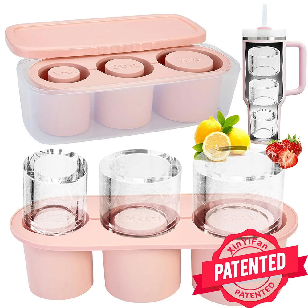 Exclusive Patent 3 Pcs Cylinder Ice Cube Tray Food Grade Silicone Stanley Ice Cube Trays with Lids for Stanley Cup