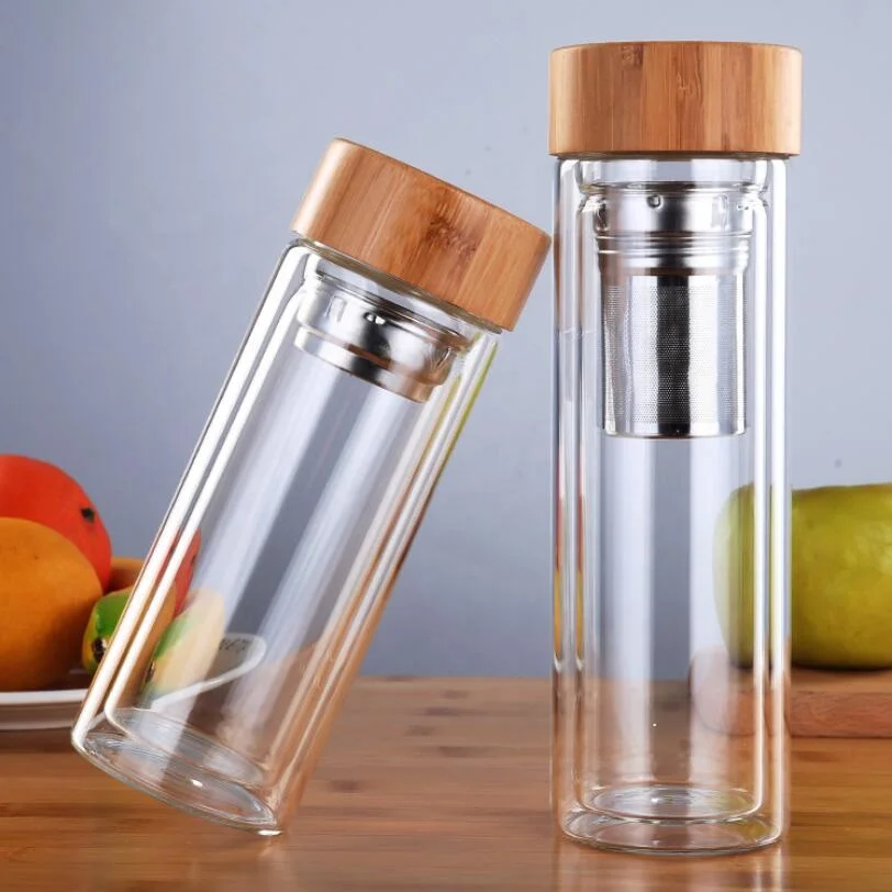 
Modern Round Clear Custom Logo Double Wall Borosilicate Glass Drinking Infuser Water Bottle With Bamboo Lid 