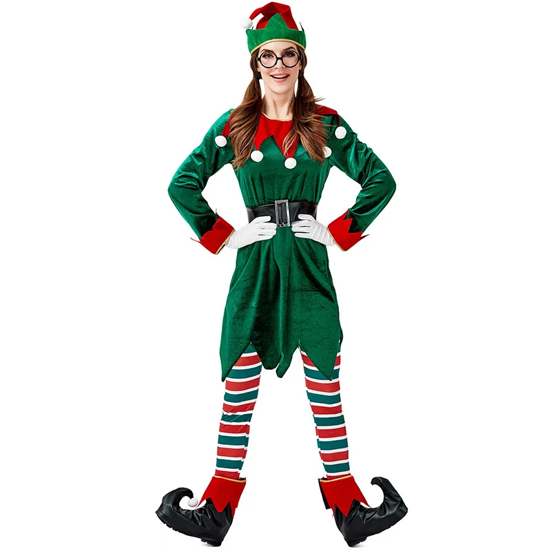 2023 Christmas Elf Costume Adults Women Santa Elf Dress Up 7-Piece Set Cosplay Costume Fantasia Party Christmas Tree Outfit