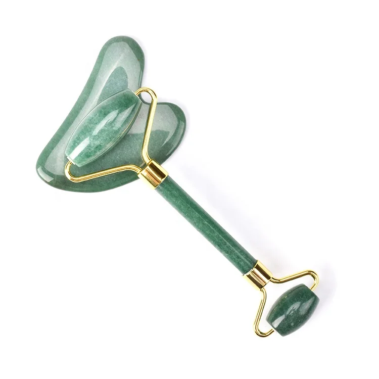 Green Jade Stone Face Beauty Massager Custom Logo 100% Natural Aventurine Jade Roller Gua Sha Set