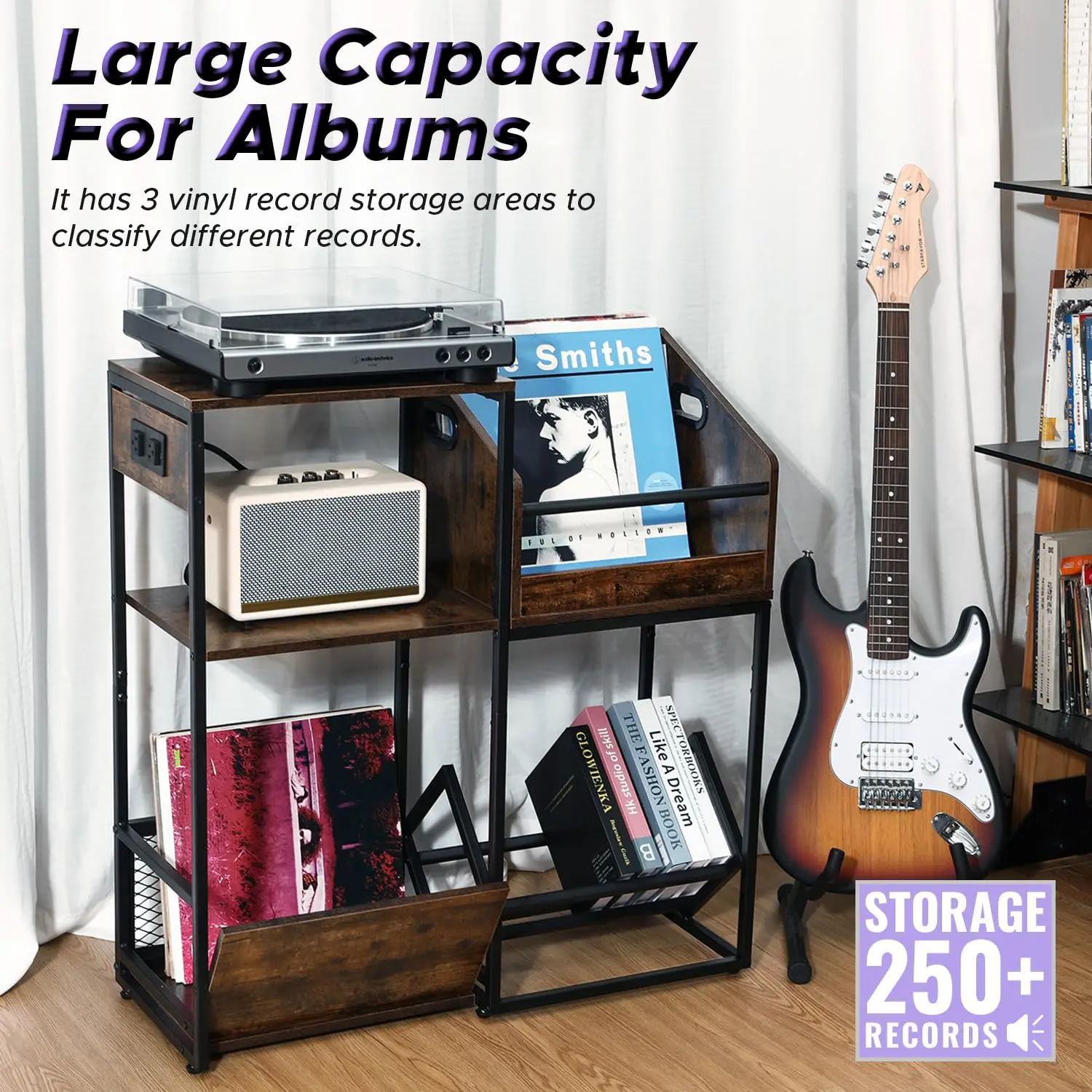 Record Player Stand with Vinyl Storage Shelf End Table with Charging Station Turntable Stand with Removable Record Holder