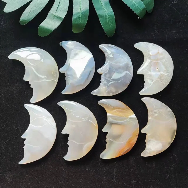 Wholesale Natural Crystal Flower Agate Moon Carving Craft Ornament Cherry Blossom Agate Moon For Decoration
