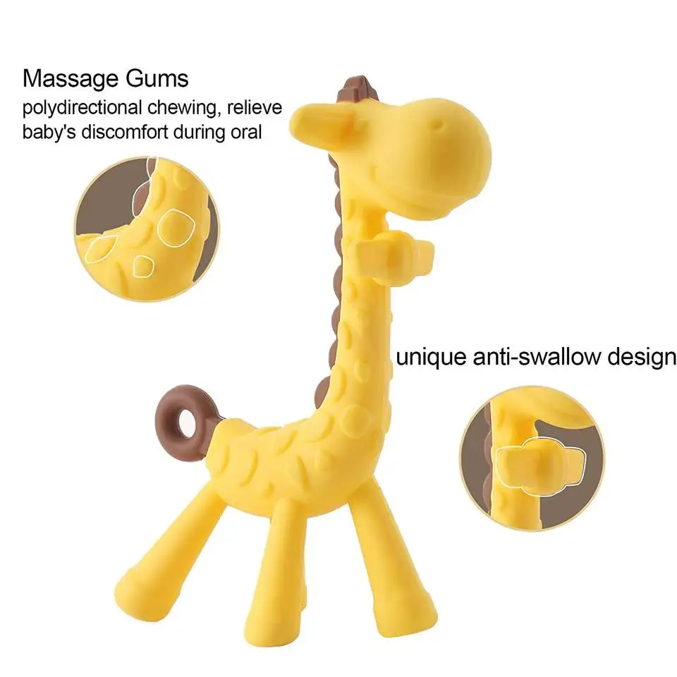 Huiye Bpa-Free Baby Giraffe Teether Toys Cute Food Grade Silicone Chew Toys Anti-Swallowing Ease Discomfort Baby Teether Toys