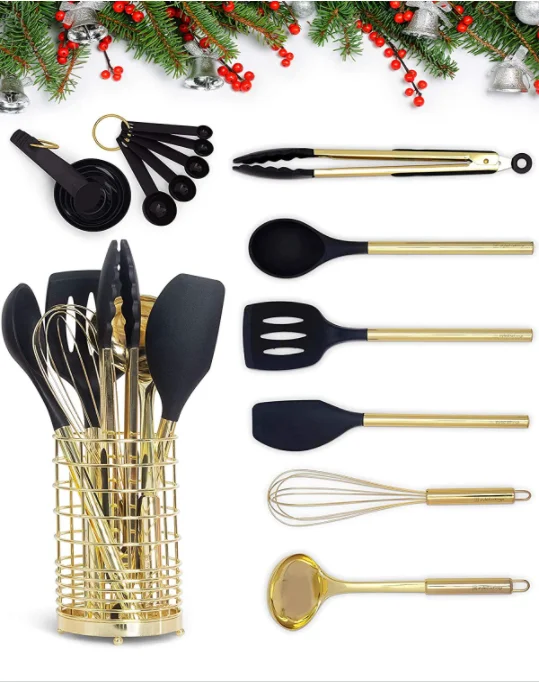 Black & Gold Kitchen Utensils with Metal Gold Utensil Holder 17PC Gold Cooking Utensils Set Includes Black & Gold Measuring Cup