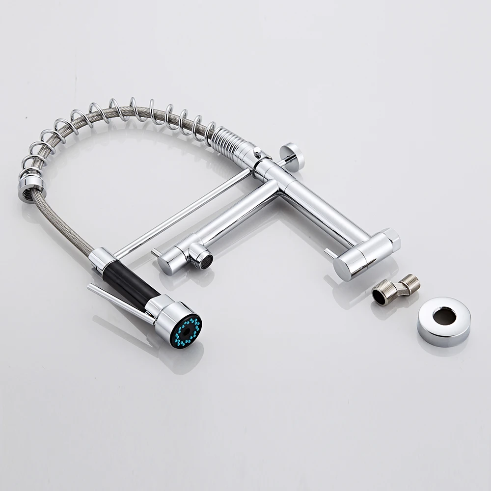 YUNDOOM OEM Luxury Sink Faucet  Torneira Pull Down Sprayer Brass Chrome 2 Spouts Wall Mounted Robinet Cuisine Kitchen Water Tap
