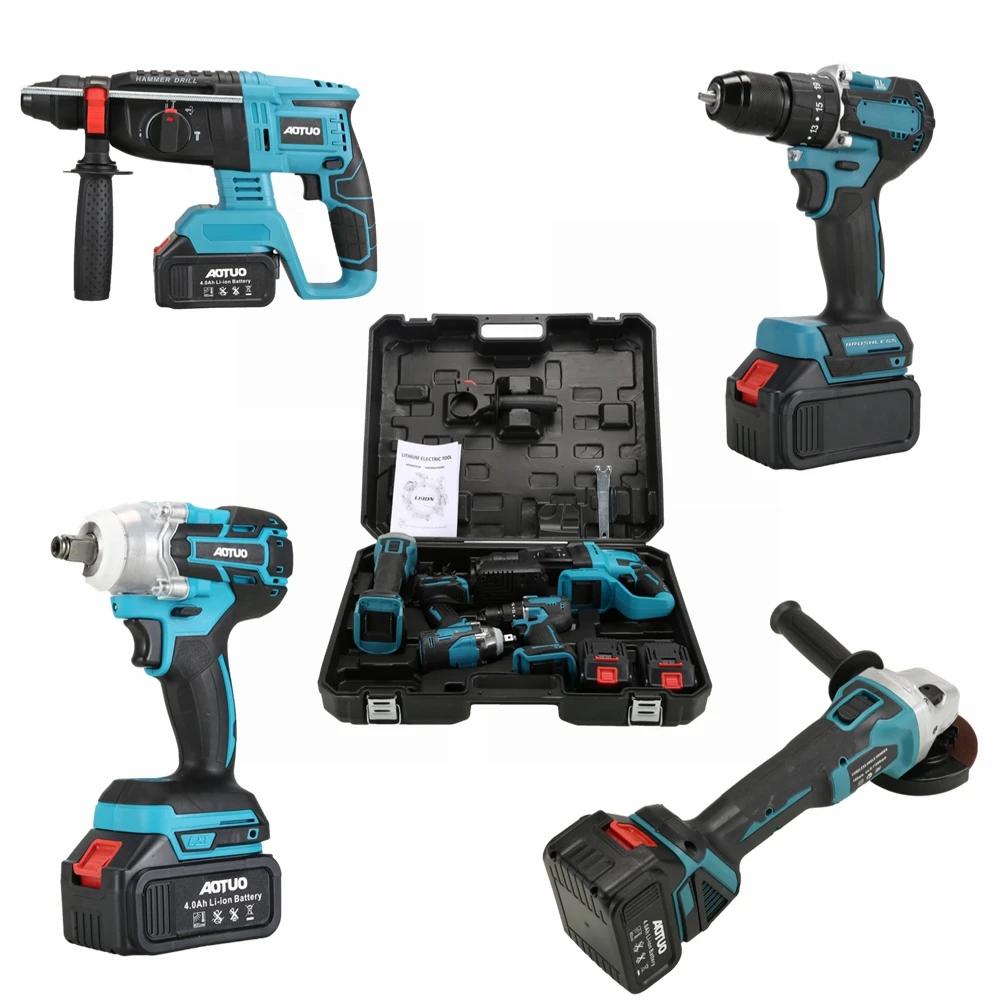 4pcs Combination Brushless Cordless Power Tool Set Electric Hammer Impact Drill Angle Grinder Wrench With 2pcs Batteries